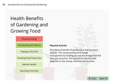 Health benefits of Gardening and Growing Food Storyline Slide: click & reveal interaction.