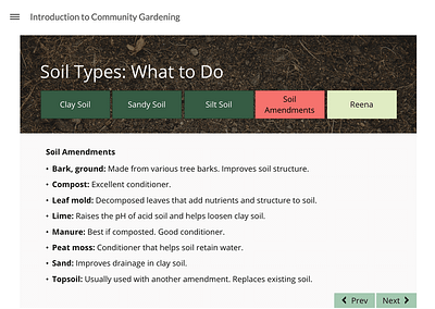 Soil Types: What to Do slide in Storyline. Click and reveal interaction.